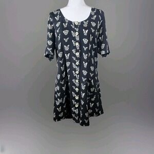 Anthropologie Maeve Size M  Canines Dress Tunic Black Ivory White Dogs 100% Silk